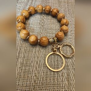 Artisanal Wooden Bead Key Chain Bracelet/wristlet with Gold Accents